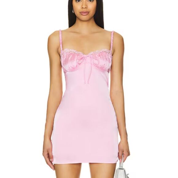 More To Come Kimberly Mini Dress Baby Pink Satin slip Chemise Revolve S - Picture 1 of 9